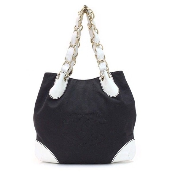 CHANEL Black Canvas white Leather CC Signature Bag - Picture 2 of 16